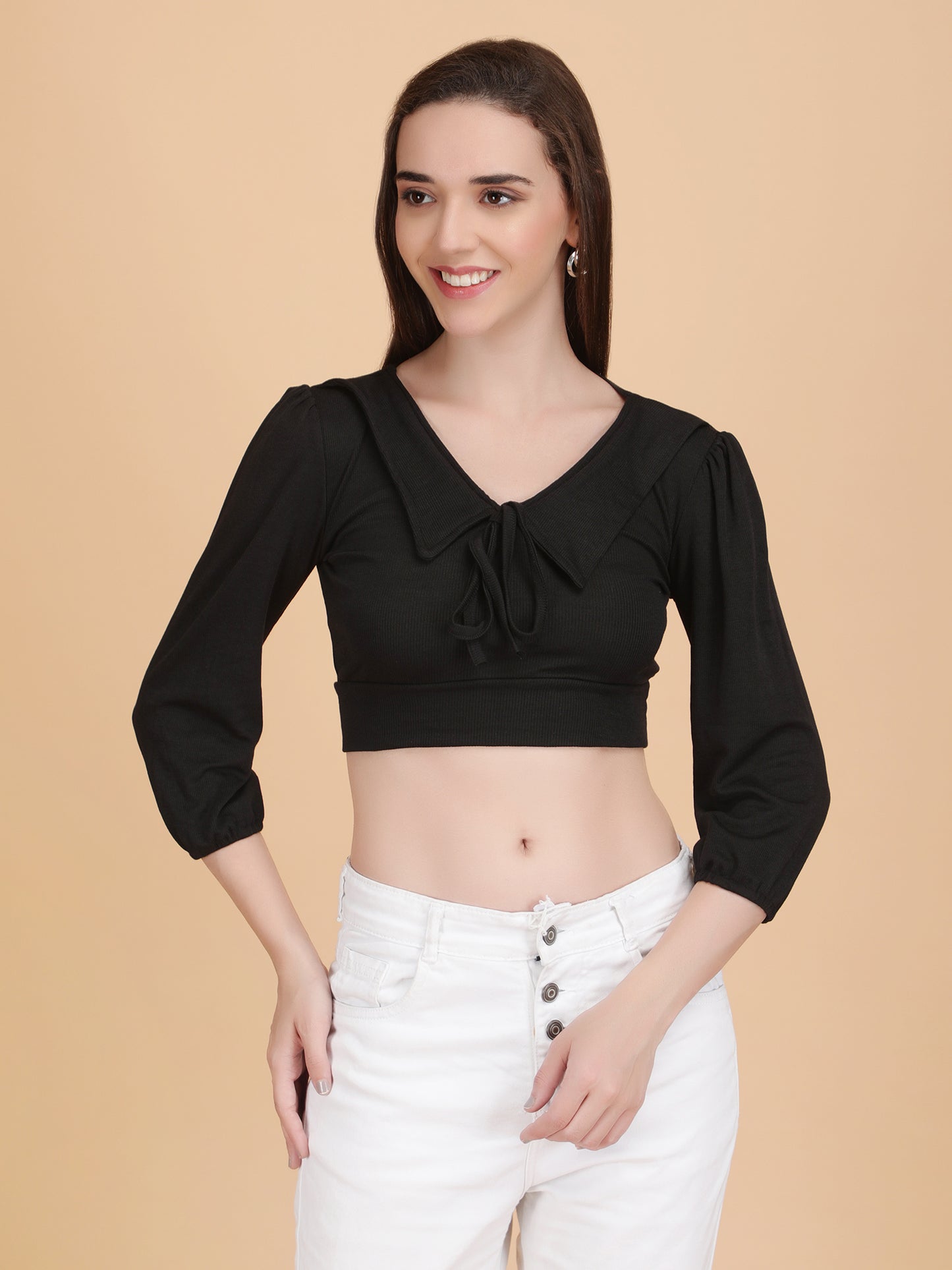 Front String Half Puff Sleeve Crop Top