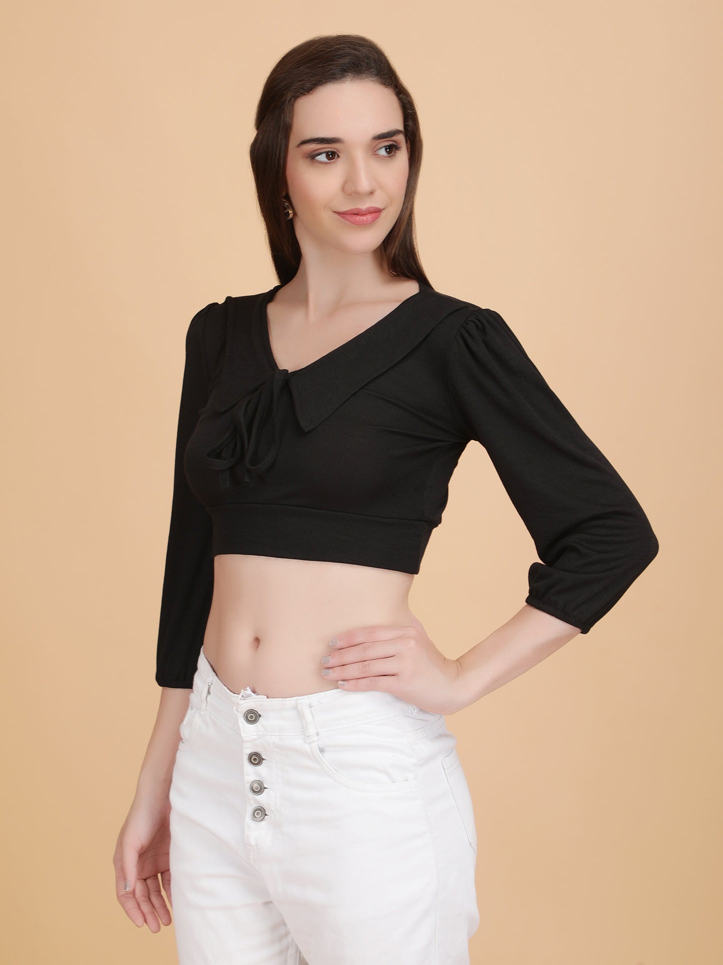 Front String Half Puff Sleeve Crop Top