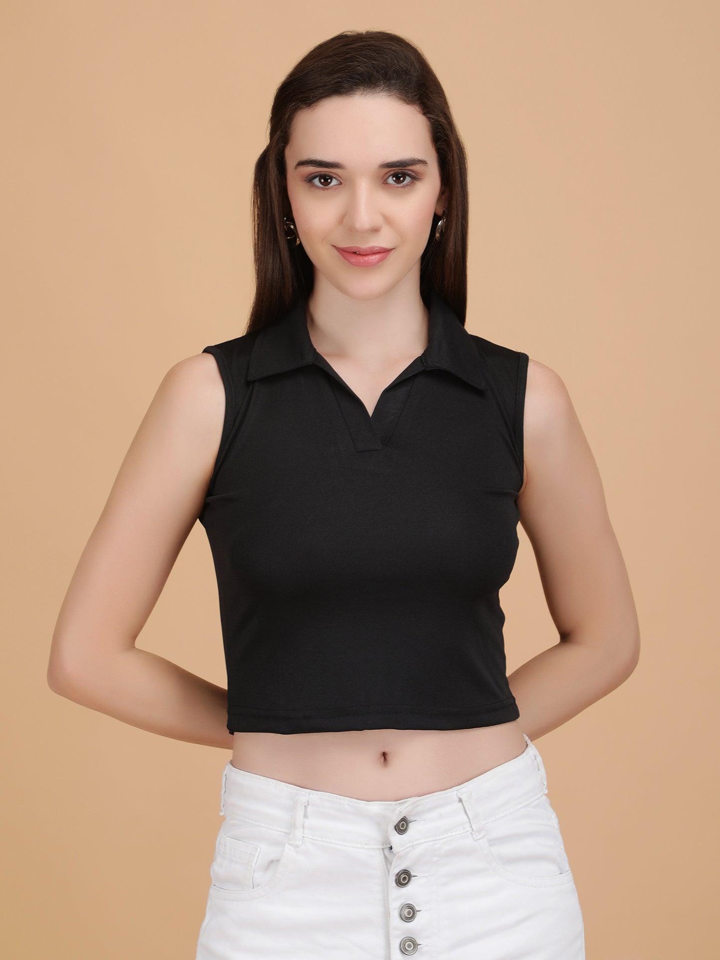 Shirt Collar Sleeveless Crop Top