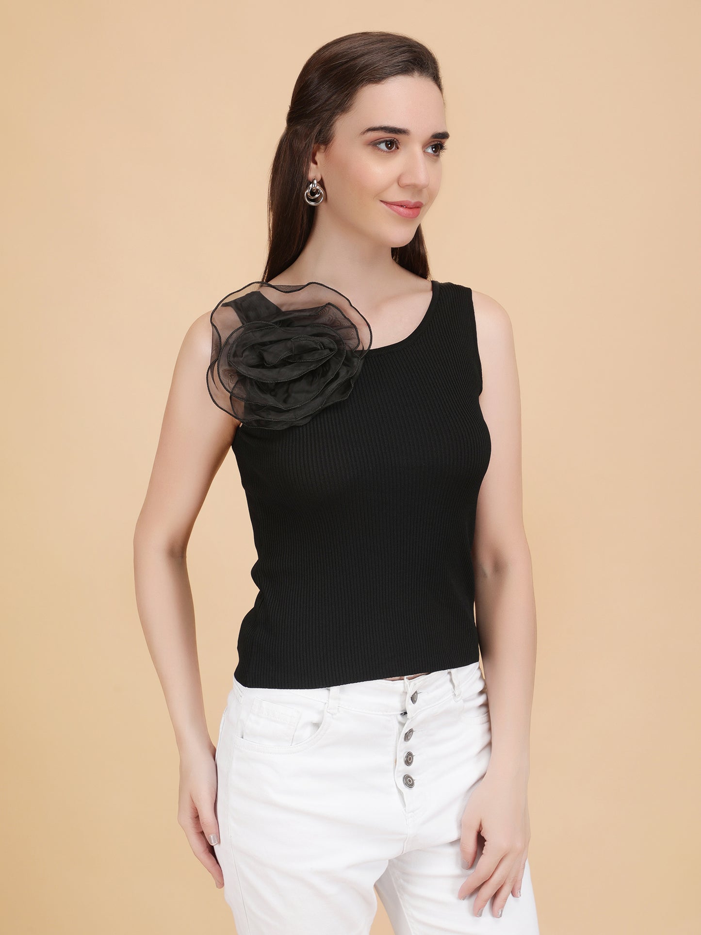 Organza Flower Ribbed Top