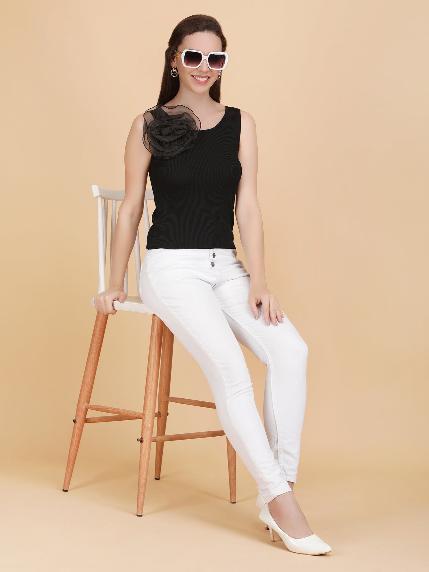 Organza Flower Ribbed Top