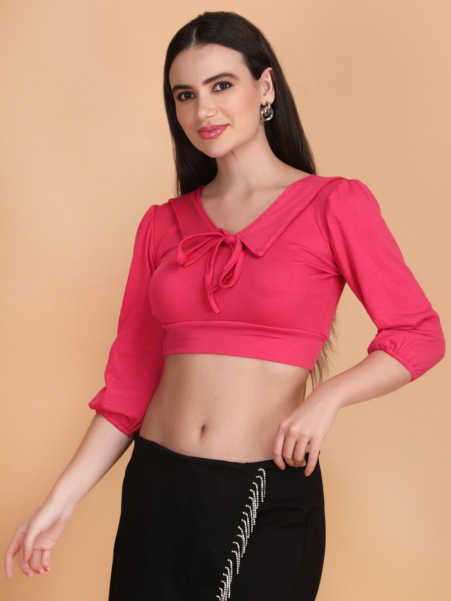 Front String Half Puff Sleeve Crop Top