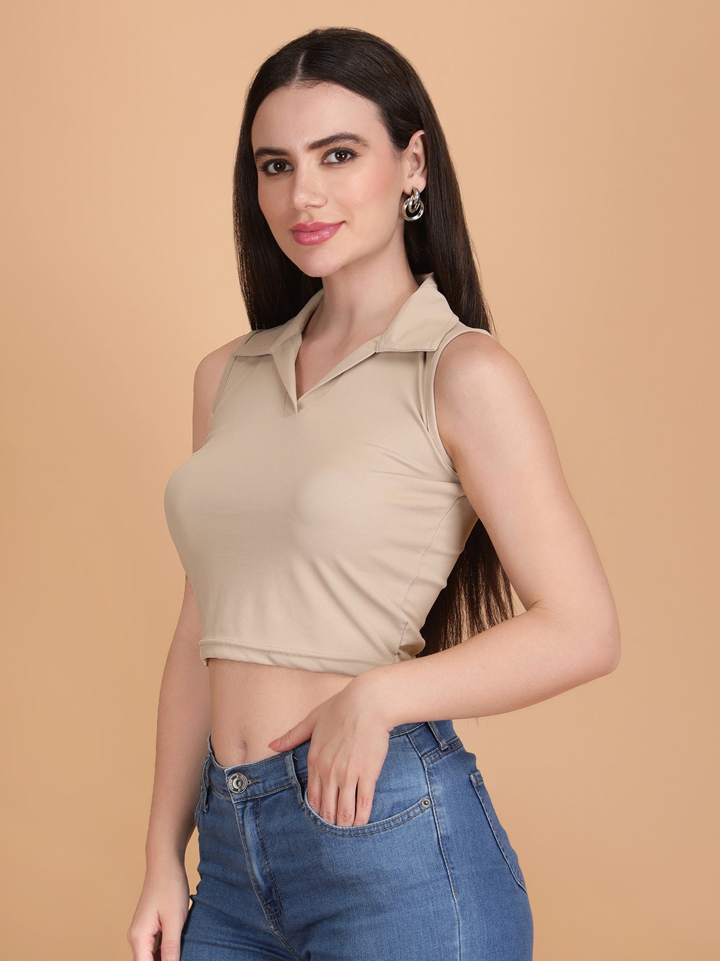 Shirt Collar Sleeveless Crop Top