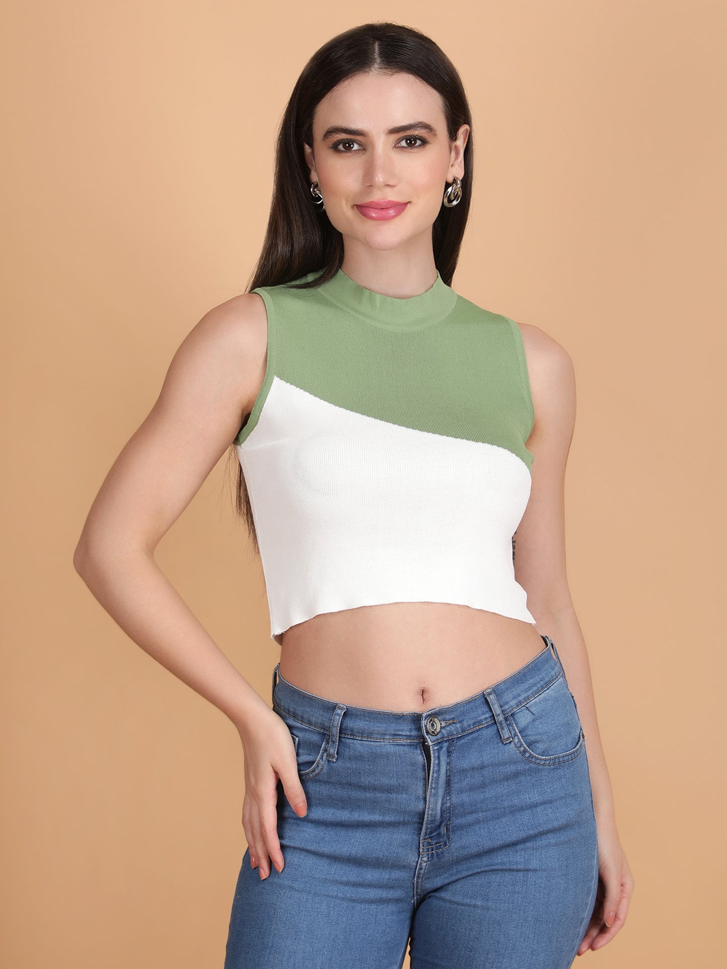 Multicolour Round Neck Sleeveless Crop Top