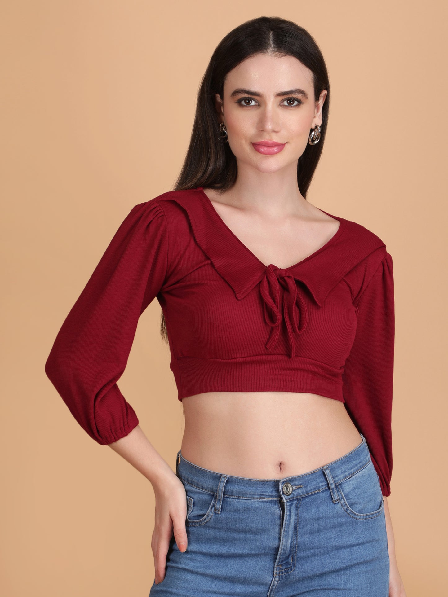 Front String Half Puff Sleeve Crop Top