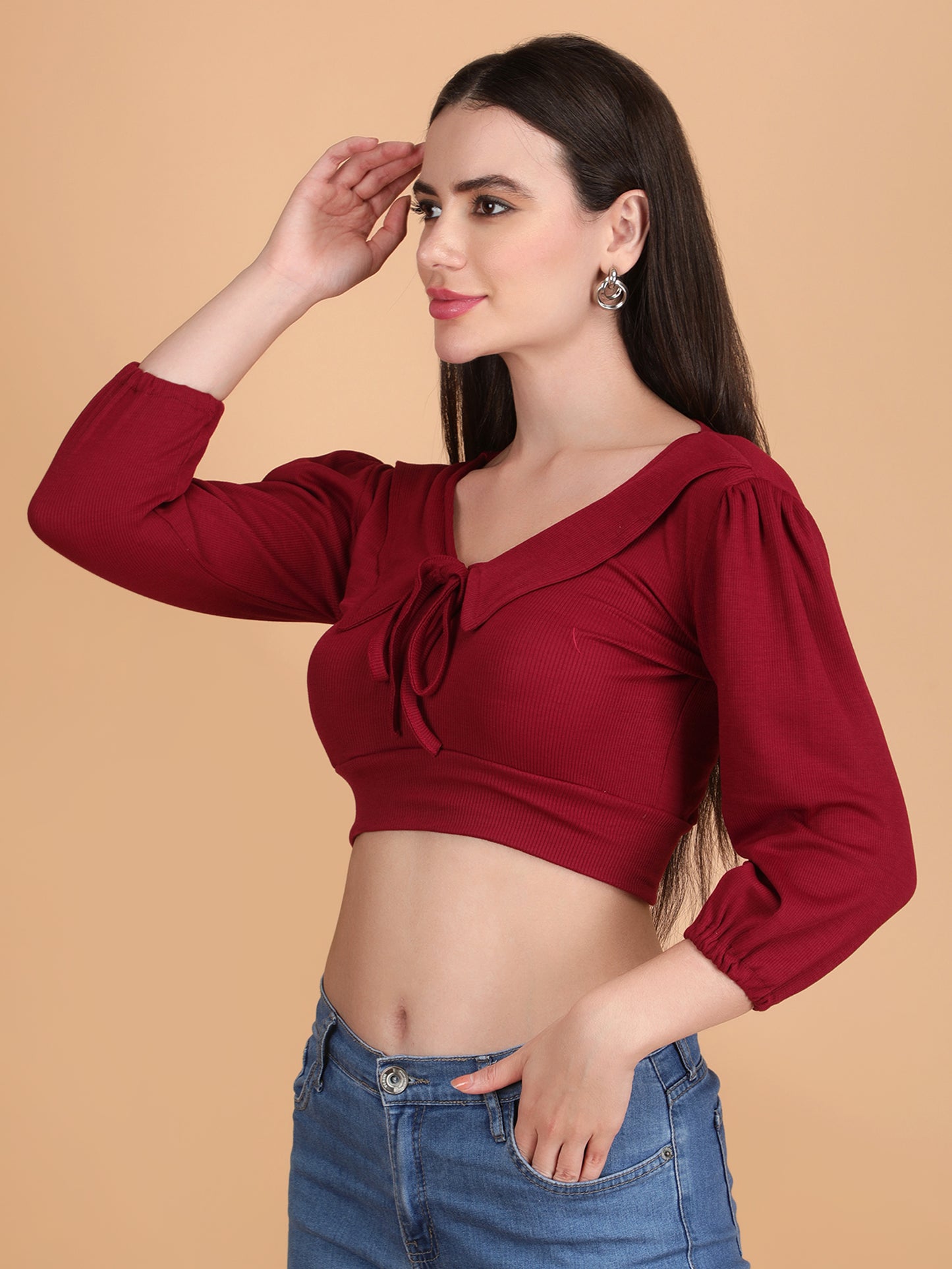 Front String Half Puff Sleeve Crop Top