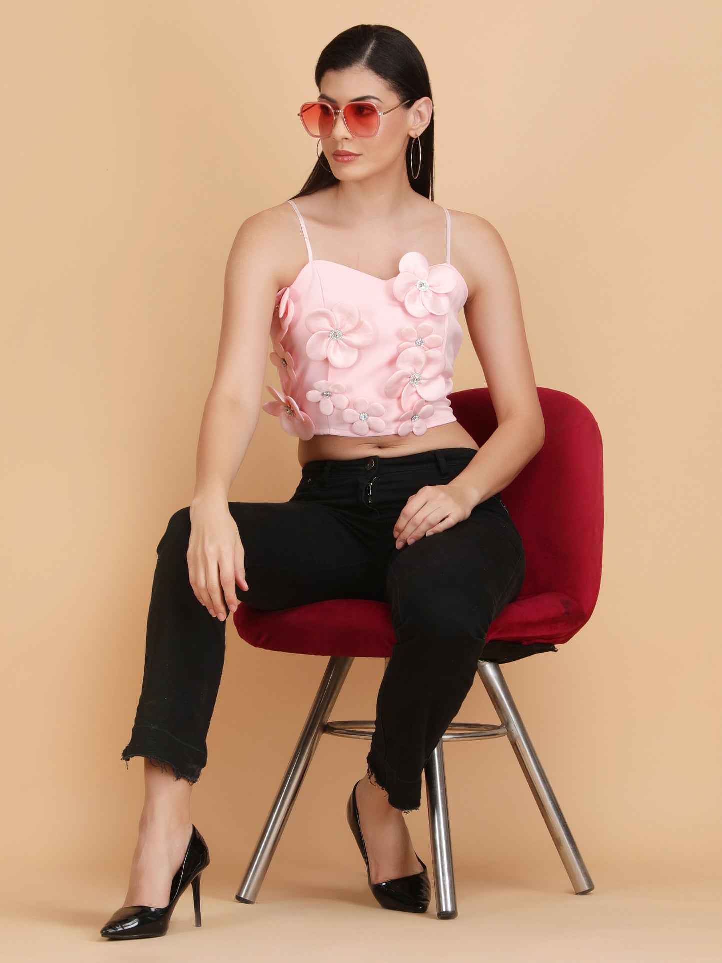 3D Flowers Spaghetti Strap Crop Top