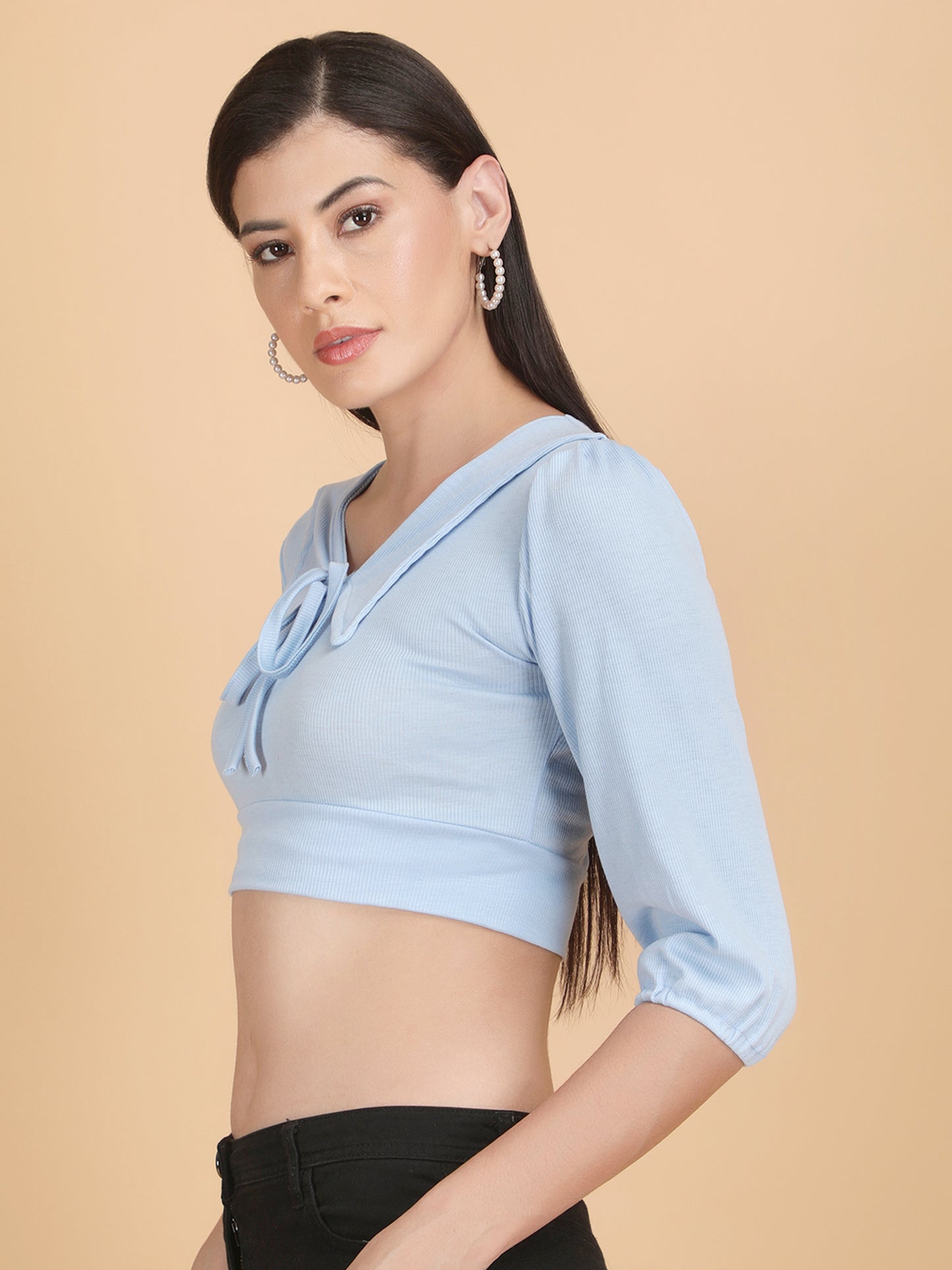 Front String Half Puff Sleeve Crop Top