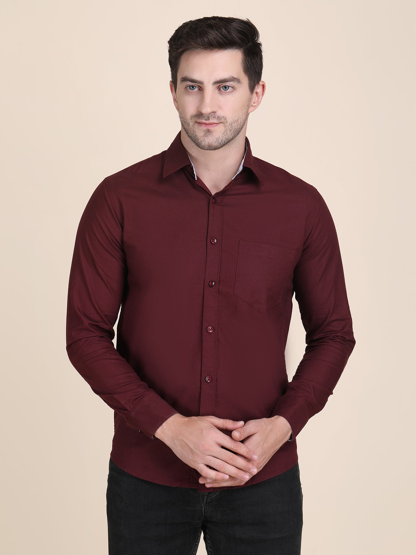 Plain Spread Collar Slim Fit Casual Shirt