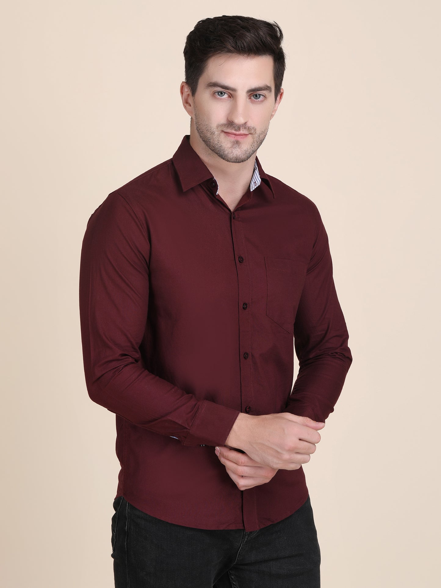 Plain Spread Collar Slim Fit Casual Shirt
