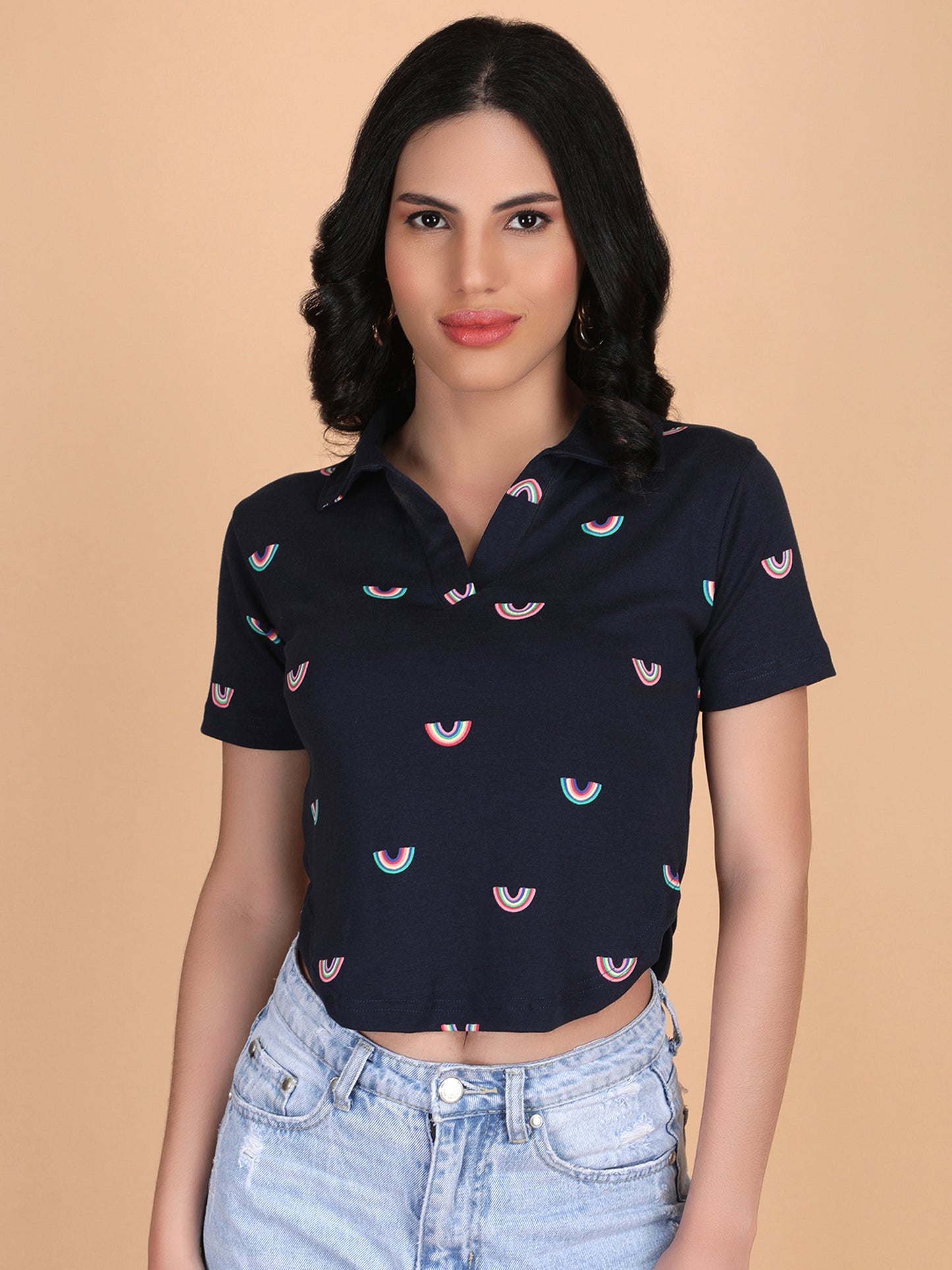 Navy Blue Printed Collar T-shirt