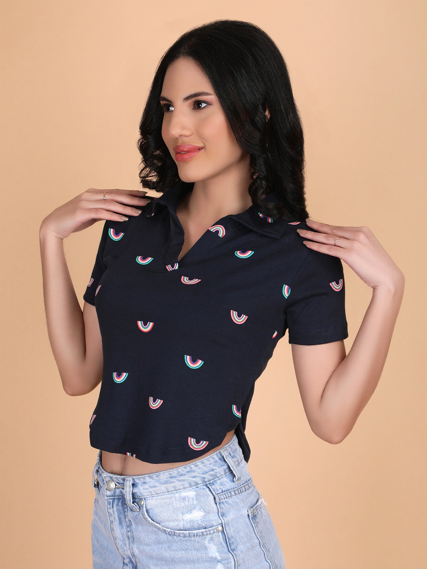 Navy Blue Printed Collar T-shirt