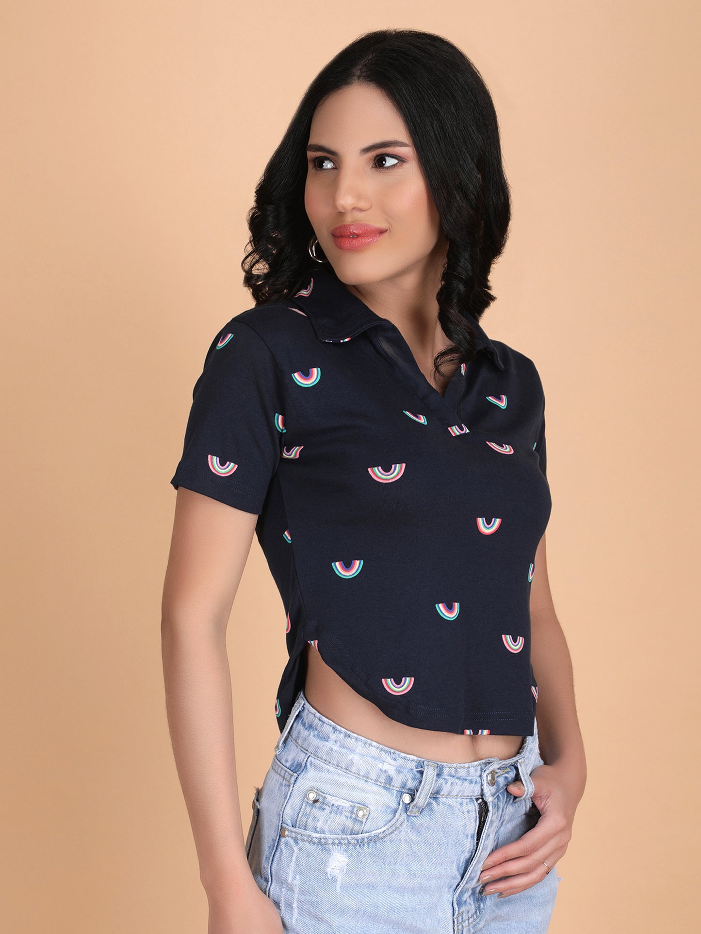 Navy Blue Printed Collar T-shirt