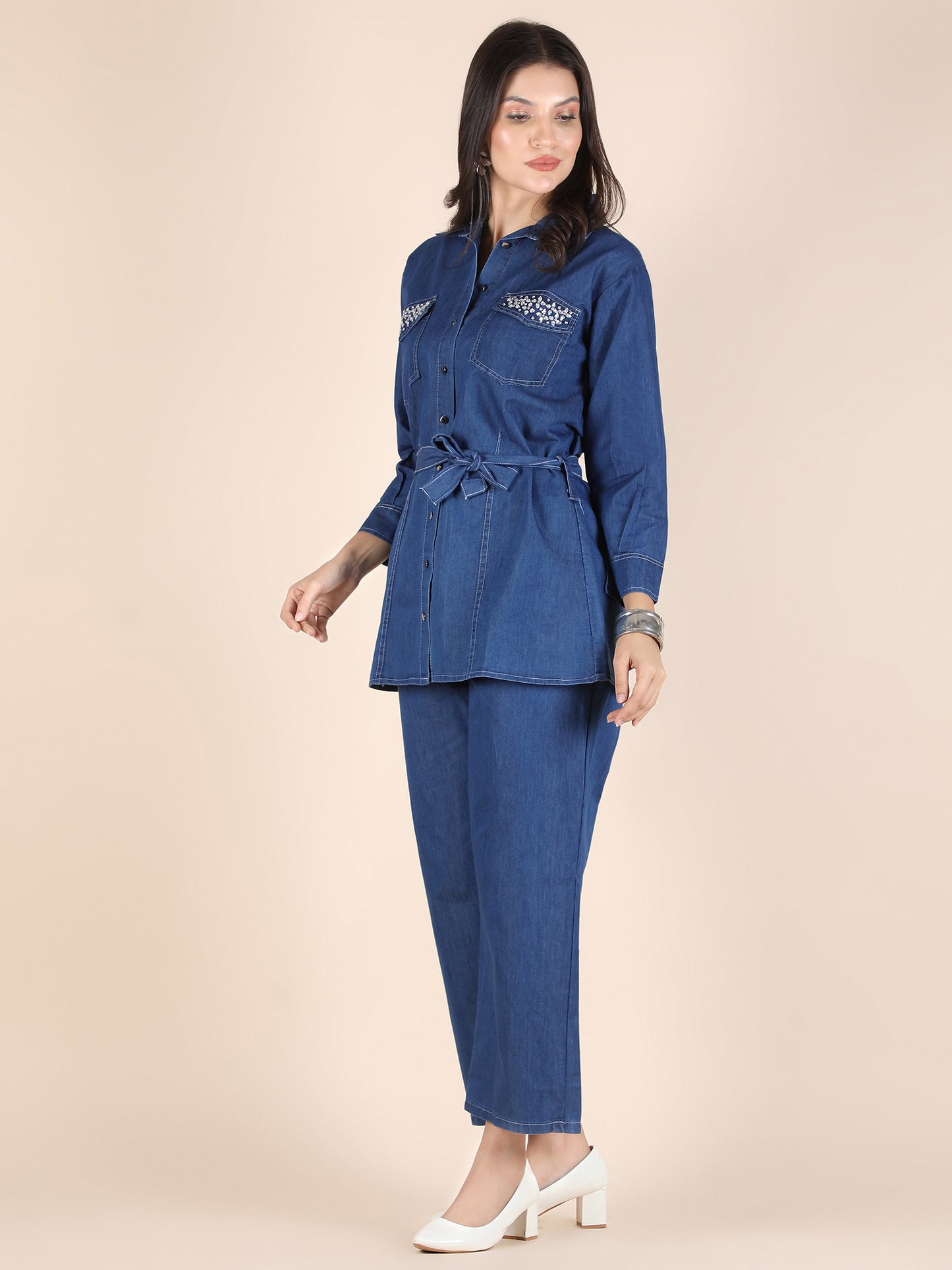 Trendy Studs Embellished Premium Denim Co-ord Set