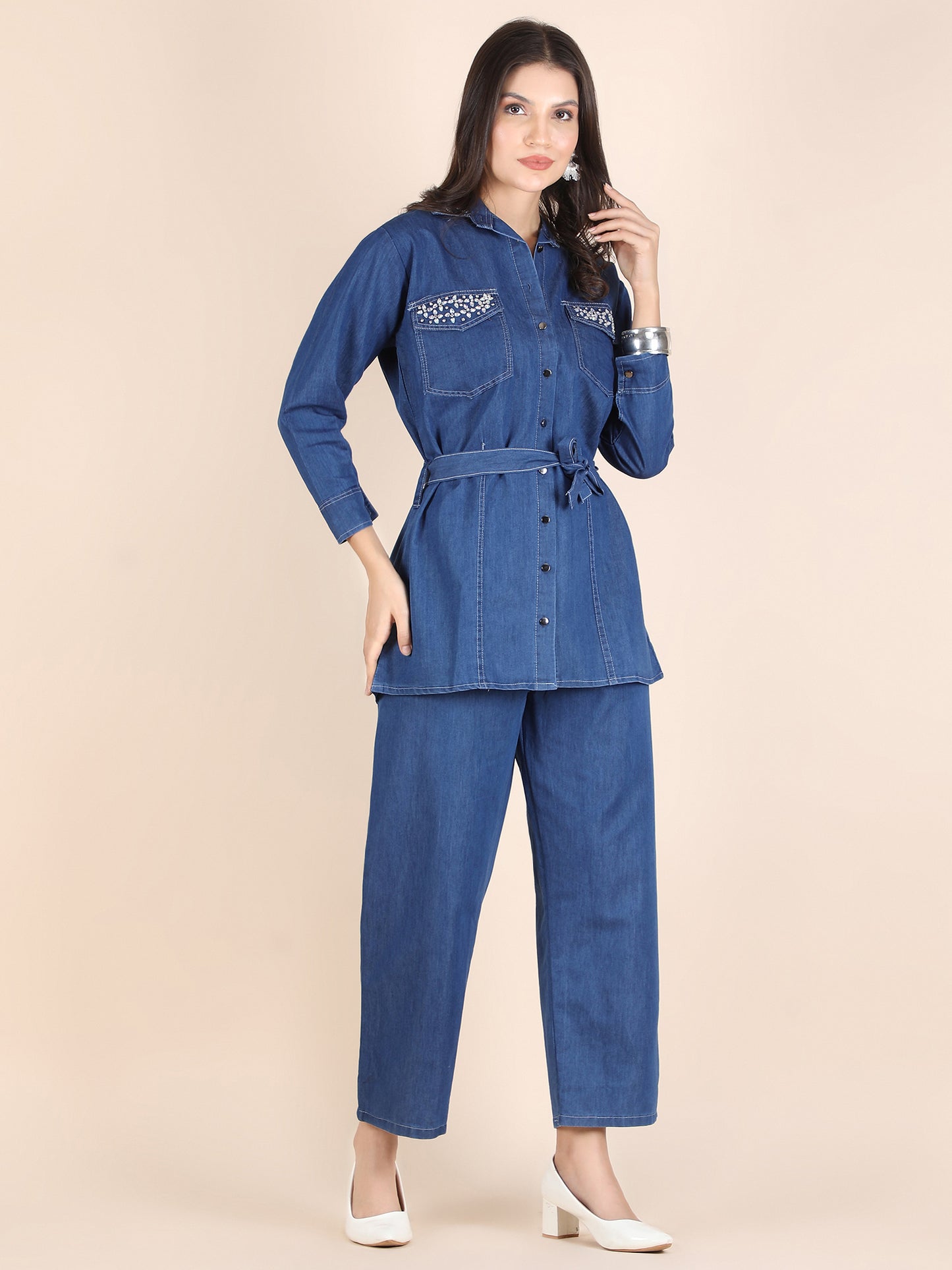 Trendy Studs Embellished Premium Denim Co-ord Set